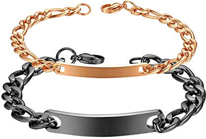 Flongo Partnerarmbänder Freundschaftsarmbänder BFF Ketten für 2, Edelstahl Armreif Armkette Partner Armband Figarokette kostenlose Wunschgravur Schwarz Rose Gold