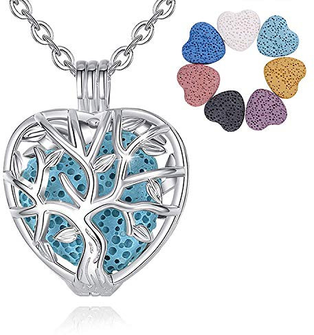 INFUSEU Aromatherapie lebensbaum Kette, Aroma Diffuser Herzförmig Versilbert Frauen Stammbaum Duftstein Halskette Klassischen Anhänger Meditations Kette Lavastein Diffuser Frauen Schmuck