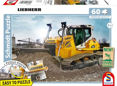 Schmidt Spiele 56549 Liebherr, Planierraupe PR736, 60 Teile Kinderpuzzle aus Graspappe, Mehrfarbig