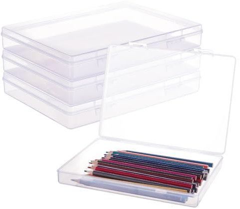 BENECREAT 22.5x16.5x3.3cm 4 Pack Rectangle Clear Plastic Storage Containers Large Box Case with Flip-Up Lids for Small Items, Notebook, Pen, Bead and Jewelry Findings