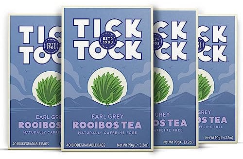 Tick Tock Earl Grey Rooibos Tea, Naturally Decaf Earl Grey Tea Bags, Caffeine-Free, Pack of 4 x 40 (160 Teabags) Biodegradable, Redbush