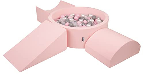 KiddyMoon Aire De Jeux en Mousse avec Rond Piscine À Balles (200 Balles) Fosses À Boules pour Enfants Jouets Parcours Obstacles, Fabriqué en UE, Rose:Perle/Gris/Transparent/Rose Poudré