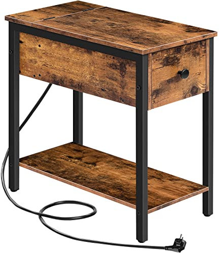 HOOBRO Table d'Appoint avec Station de Charge, Table de Chevet avec Tiroir, Ports USB et Prises de Courant, Bout de Canapé pour Petits Espaces, Salon, Chambre, Marron Rustique EBF042BZ01
