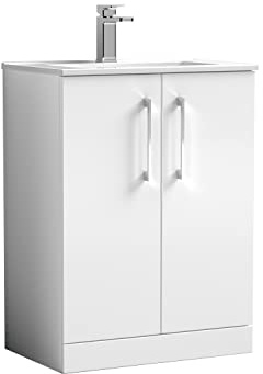 nuie ARN103B Arno Modern Bathroom Floor Standing 2 Door Vanity Unit with Minimalist Ceramic Basin, Gloss White