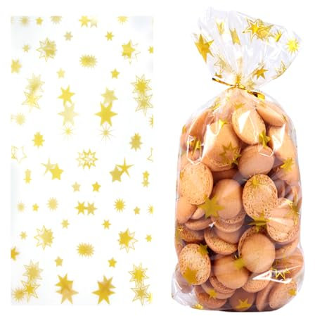ihaspoko 100 Stück Sterne Transparente Zellophantüten, Geschenktüten mit 100 Bindebändern für Süßigkeiten, Kekse und Süßigkeiten aus Kunststoff