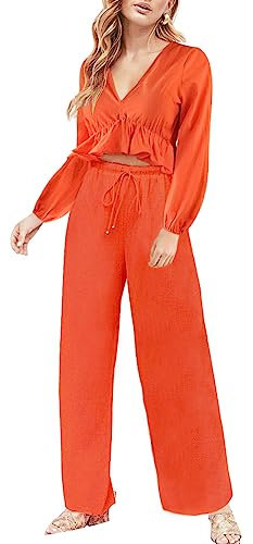 FANCYINN Damen 2-teiliger Trainingsanzug mit langen Ärmeln und Rüschen, Oberteil mit hoher Taille und weitem Bein, Hosen-Sets Orange & S