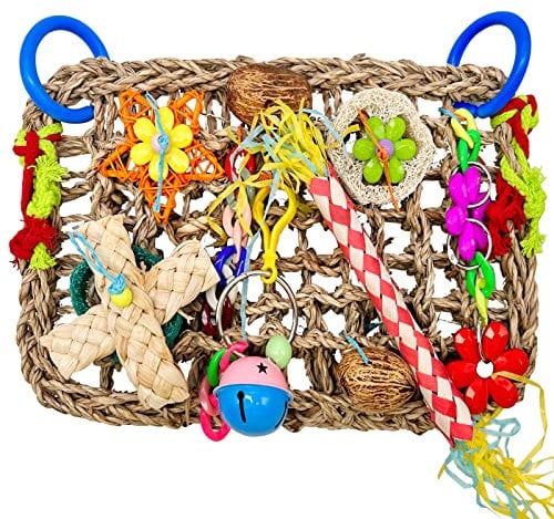 Papageienspielzeug Wellensittich Spielzeug Zubehör Futterwand mit Verschiedenen Bunten Vogelspielzeu, Essbare Aus Seegras Gewebte Kletter Vogelkäfig Zubehör Hängemattenmatte