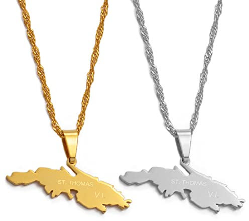 FENGJIAREN Saint Thomas Island Karte Anhänger Halskette – Contour Design Anhänger Halsketten Saint Thomas Island Landkarte Umriss Anhänger Karte Schmuck,Golden,60cm