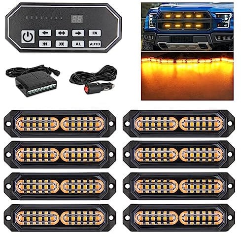 OPP ULITE Led Grille Strobe Lights Amber 9 Key Switch, 20-Flashing Mode, Surface Mount 12-LED Mini Warning Grill Light Bar for Construction Tow Trucks Van Utility Vehicle, 8pcs Pack