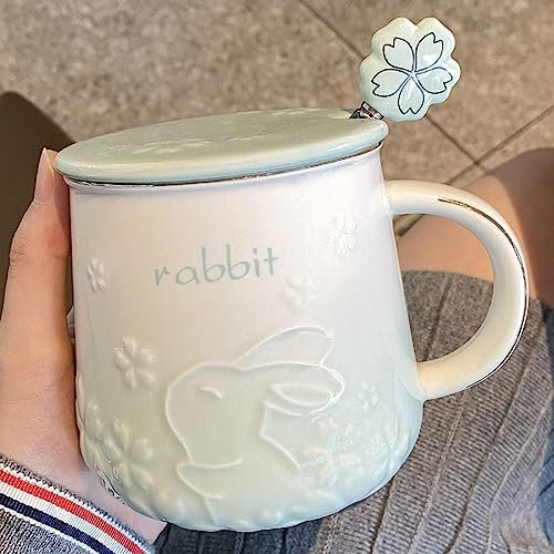 Xfeyaqlo Tasse Lapin Mignon 420ml, Tasse Lapin avec Couvercle Céramique, Tasse Sakura Beau, Tasse avec Couvercle et Cuillère, Tasse à Café un Excellent Choix de Cadeau (Vert)
