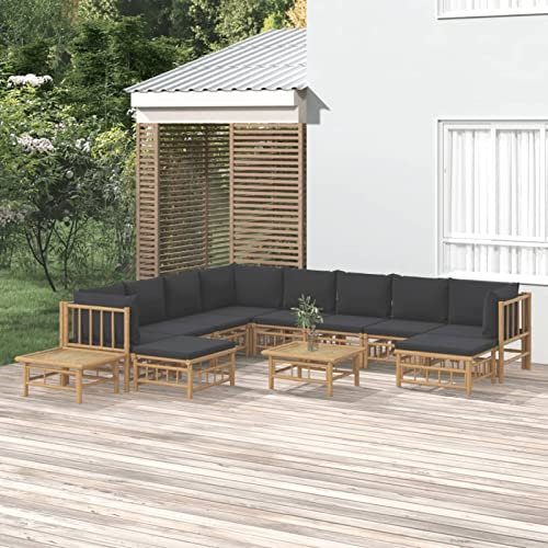 Homgoday Gartenlounge Set 12-TLG. Loungemöbel Gartenlounge Set Garnitur Sitzgruppe Lounge-Set Loungegruppe Gartensofa für Garten Terrasse und Balkon Bambus mit Dunkelgrauen Kissen
