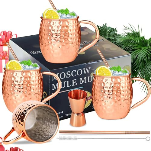 SuproBarware Moscow Mule Copper Mugs Moscow Mule Cups Kit 19oz Set of 4 with Handle Large Copper Hammered Plating Cups with 0.5oz Double Jigger, Stainless Steel Straws for Cold Drinks Cocktails Wine