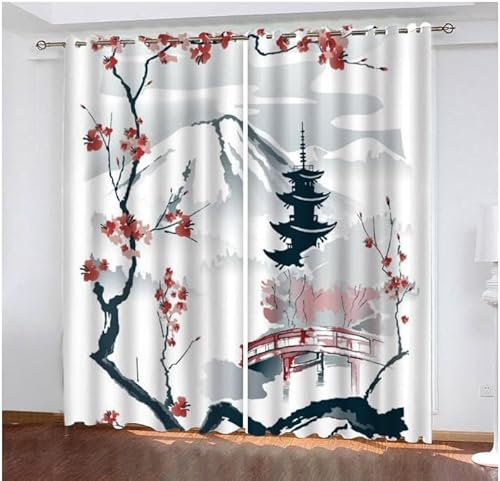 Sepustas Style Japonais Rideau Thermique Isolant Anti Froid 2 Pièces Rideaux Art du Paysage Naturel Rideau Occultant 3D Impression Moderne Salon Chambre Rideaux Acoustiques （183x214 cm）