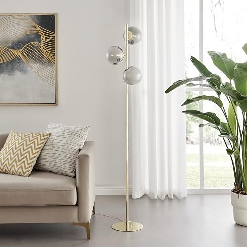Furniturebox UK Tree Floor Lamp - Lazio - 3 Round Smoked Glass Globe Shades On Standing Brass Stand - Statement Modern Meets Retro Vintage Living Room Bedroom Lighting