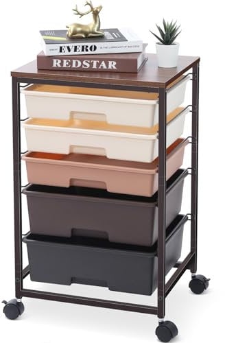 SYKIARIOL Storage Trolley with 5 Plastic Drawers, Rolling Storage Cart on Wheels, Multipurpose Utility Cart Organizer Unit for Living Room,Bedroom,School,Beauty, Easy Movement, Brown