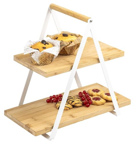 eluno Etagere mit 2 Etagen aus Bambus und Metallgestell - Perfekt zum Servieren von Obst, Kuchen, Muffins, Donuts und Fingerfood - Serviertablett, Tablettständer und Käseplatte in einem (weiß)