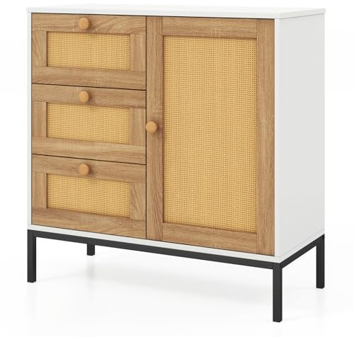 COSTWAY Rattan Buffet Sideboard, Wooden Storage Cabinet with Door, 3 Drawers and 4 Metal Legs, Boho Freestanding Display Organiser Cupboard for Kitchen Living Room Hallway