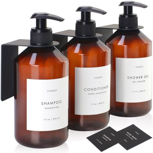 FINESSY Shampoo- und Spülungsspender für Dusche, 3 Bernsteinkammern, Duschseifenspender Wandmontage ohne Bohrer, Shampoo-Flaschen nachfüllbar mit Pumpe & Etiketten, Badezimmer Körperwäsche