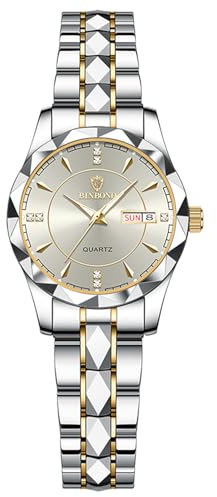 JewelryWe Damenuhr Edelstahl Uhren Damen: 30m Wasserdicht Kalender Analog Quarz Armbanduhr Frauen Gold Silber Edelstahl Armband Lässig Business Uhr mit Grau Zifferblatt und Gold Leuchtzeiger