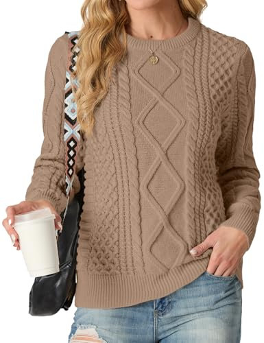 GRECERELLE Ladies Jumpers Crew Neck Cable Knitted Sweater for Women UK Long Sleeve Pullover Tops (Khaki,M)