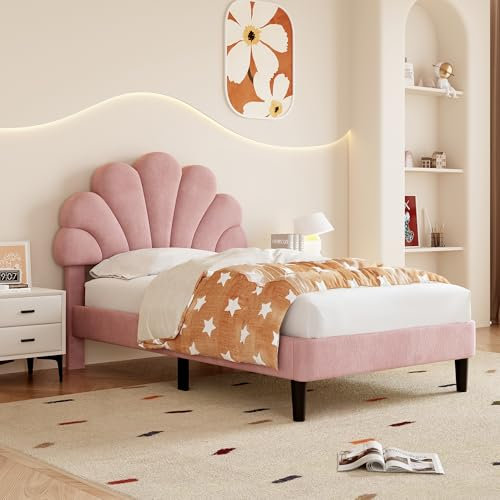 ModernLuxe Upholstered Single Bed, 3FT Bed Frame with Adjustable Chic Petal Headboard, Solid Wooden Slatted Frame, No Box Spring Needed, Easy Assembly, Velvet Pink, 90x190cm