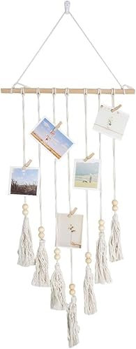 janeunique Fotos Aufhängen Makramee Wandbehang Fotowand mit Klammern Fotovorhang Bilderrahmen Collage Boho Deko für Wohnkultur mit 10 Holzklammern