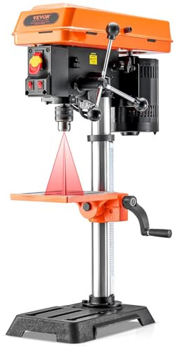 VEVOR Taladro de Banco de 254 mm de velocidad Ajustable de 510/780/1300/1820/2430 RPM con Motor de Inducción de 6,2 A, Mesa Inclinable de 0 a 45°, Luz de Trabajo LED, Taladro para Madera y Metal
