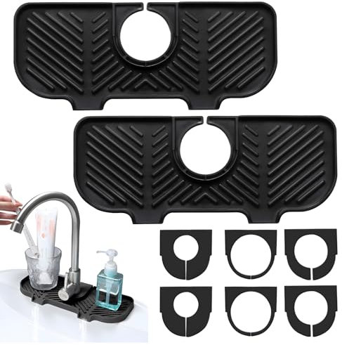 2 Sets Wasserhahn Abtropfmatte, Silikon Wasserhahn Schutz Abtropfmatte mit 3 Größen von Schnittstellen, Schwarz Drainage Matte Küche, Silikon Abtropfmatte Spüle für Küche und Badezimmer