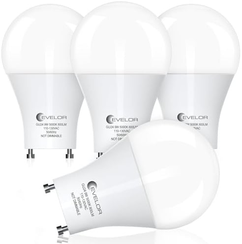 evelor GU24 LED Light Bulb,60 Watt Equivalent Daylight White 5000K,Non-Dimmable,Efficient 9W,800 Lumens Twist and Lock 2 Prong Light Bulbs,15000 Hours,Ideal for Kitchen,Living Room,Bedroom, 4-Packs