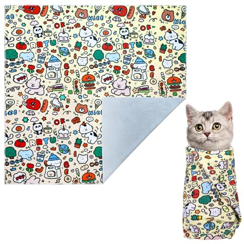 Lucxhcky Patchwork Cat Grooming Wrap, 70 x 70 CM Large Cat Swaddle Wrap, Adjustable Cat Restraint Bag within 20pounds, Cat Bag for Nail Trimming, Cat Grooming Supplies