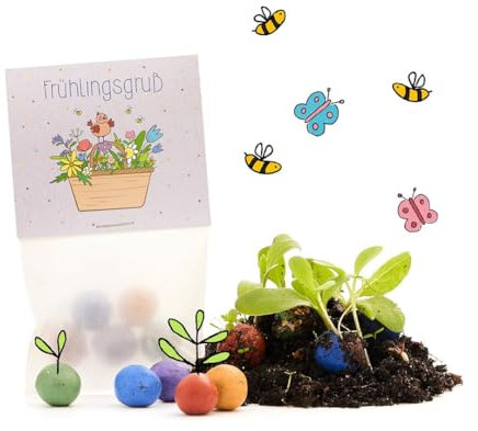 Bunte Blumenmurmeln Frühlingsgruß l 10 x5 kleine Saatkugeln in einem Tütchen mit Blumenkorb-Motiv l Geschenk zu Ostern, im Frühling, als Gastgeschenk oder als Dankeschön für Erzieher, Lehrer