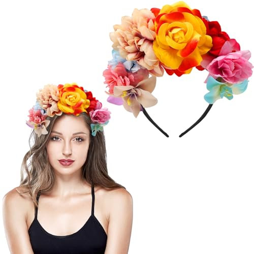 APOMOONS Serre-Tête à Fleurs, Roses Serre Tete Fille, Couronne Fleur Cheveux, Couronne de Fleurs pour Cheveux, Serre-Tête Florals Accessoire pour Mardi Gras Carnaval Mariage Fête