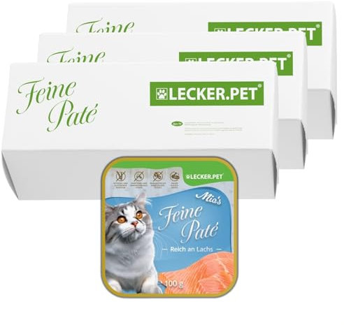 Lecker.Pet® | 51 x 100 g Mia's Feine Paté Reich an Lachs Katzenfutter Vollnahrung | Nassfutter in praktischer Schale | Getreidefrei & Glutenfrei | Hochwertiges Futter | Reich an Proteinen & Mineralien