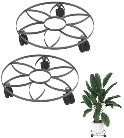 UISEBRT 2 rotoli per piante in metallo, 32 cm, rotondi, sottovaso con ruote richiudibili, in ferro battuto, per esterni, interni, decorativi, da giardino tipo D