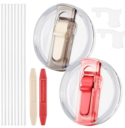 Dsnirasy 2 Pcs Spill Proof Tumbler Flip Straw Lid for Stanley Cup, 30 oz Leak Proof Lid for Stanley H2.0 Quencher ProTour, Stanley Lid Replacement 30 oz, with Removable Nozzle (Cream+ Red)