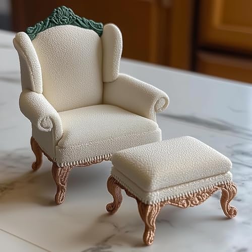 Viktorianisches Set mit Sessel und Ottomane, Maßstab 1:12, Miniatur-Puppenhaus-Möbel, 3D-Druck, eleganter Stuhl für Miniatur-Heimdekoration