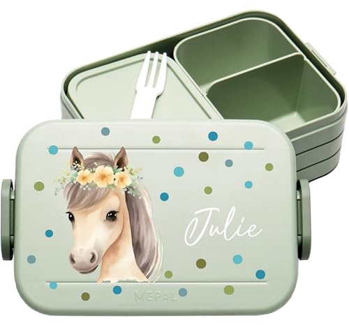 4youDesign | Personalisierte Kinder Brotdose Midi Grün mit Namen - Lunchbox Pferd Motiv für Kindergarten & Schule - Brotzeitdose Mädchen Junge