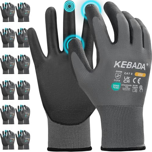 Kebada Work Gloves for Men & Women, Touchscreen, PU Coated, W1, 12 Pairs | Grey, Size 9/L, breathable knit, secure grip, safety gloves for gardening, mechanics, warehouse, driving & construction