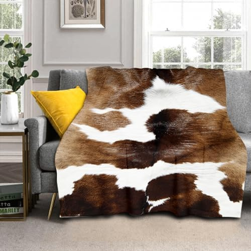 HiHELLOH Überwurfdecke, Rindsleder, leicht, gemütlich, Flanelldecke, Westerntiere, Kuhfell-Motiv, atmungsaktiv, warm, weich, für Schlafzimmer, Wohnzimmer, Sofa, Couch, 101,6 x 127,7 cm, Braun