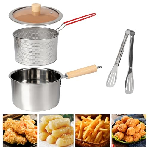 2.5 L Olla para Freír, Freidora Profunda con Cesta Sartén de Acero Inoxidable con Asa Olla Freidora Profunda con Tapa Colador de Aceite Multifuncional para Freír Pescado, Camarones, Pollo