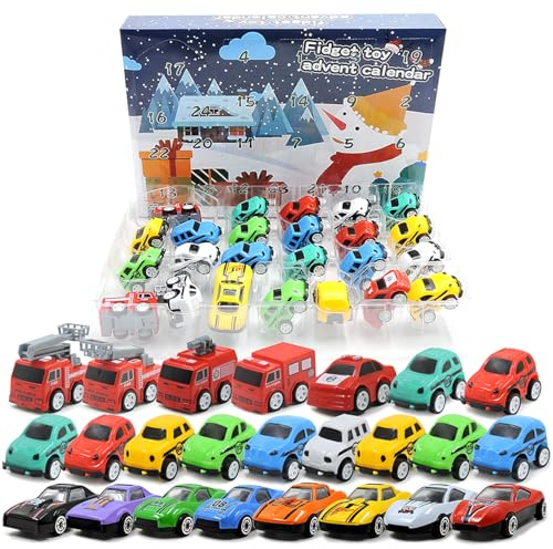 Adventskalender 2025, 24 Tage Weihnachten Countdown Calendar mit 24 Stück Auto Spielzeug Mini Rennspielzeug Weihnachtsspielzeug Blindbox Weihnachten Countdown Geschenkset für Kinder