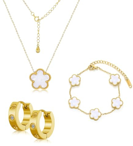 Gkaopi Vierblättriges Kleeblatt Schmuckset für Damen und Mädchen 18K Vergoldet Edelstahl Zweiseitig Fünfblättriges Anhänger Halskette Armband Ohrringe Hypoallergenes Glücksklee Emaille-Schmuck Set