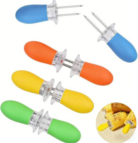 AJIMAOMI Corn on the Cob Holders 8 Pack (4 Pairs) Stainless Steel Sweetcorn Forks with Non-Slip Silicone Handles 4 Colours Corn Skewers for BBQ Grilling Camping Picnic Party