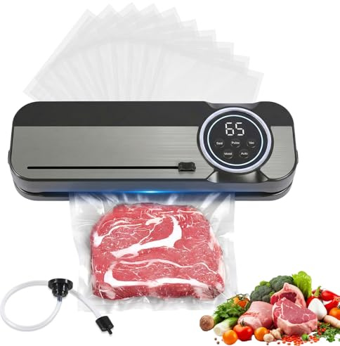 Carehabi Envasadora al Vacío, Vacuum Sealer 5 en 1 con Sellado Extra Ancho de 6mm, Luz UV y Cúter, 120W Profesional para Alimentos Secos y Húmedos, Acero Inoxidable, Incluye 10 Bolsas