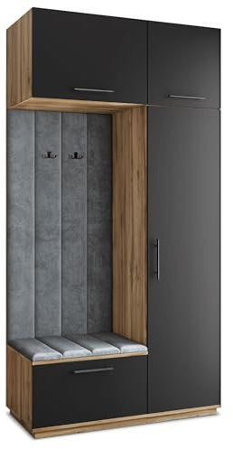 Masseno Flugarderoben Set Rema, Kleiderschrank-Set mit Sitzbank, Garderobenschrank Flur mit 5 Regalböden, Eiche Wotan/Schwarz