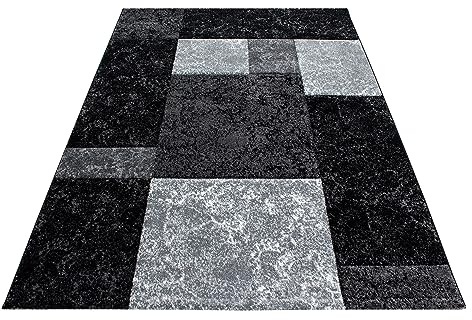 KADIMA DESIGN Schlafzimmerteppich Kariert Modern Pflegeleicht Waschbar Strapazierfähig Langlebig Schwarz 280x370 cm Schlafzimmer Saugroboter Oeko-TEX Schadstoffgeprüft Gekettelt geeignet | Monza