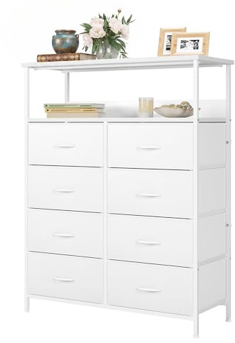 Nicehill Chest of Drawers with 8 Drawers, Tall Storage Unit with 2-Layer Shelves, Chest of Drawers for Bedroom Storage, Clothes, Kids room, Living room, Closet, White