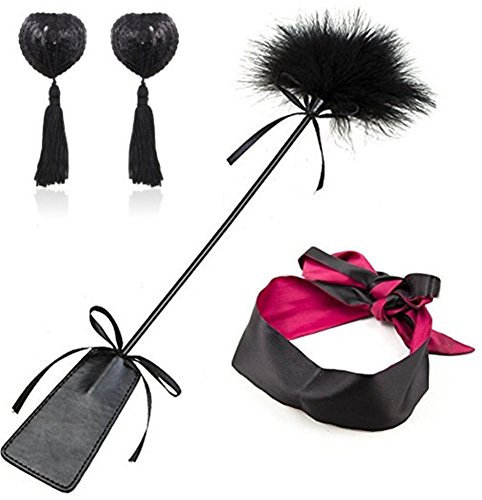 feifanshop 3 in 1 Satin Sleep Augenmaske und Adhesive Bra Brust Pasties Pailletten Nippel Aufkleber Cover Mit Exquisite Truthahn Feder Tickler und Leder Peitsche