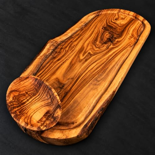 What the Art!® Olive Wood «Rustic» Gr. L | Olivenholz Schneidebrett + Dip-Schälchen | Handarbeit | ca. 36-39 x 17-23 x 2 cm | Käsebrett - Hackbrett - Tranchierbrett - Servierbrett