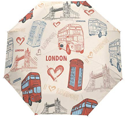 BIGJOKE 3 Folds Auto Open Close Umbrella Vintage UK London Big Ben England Flag Windproof Travel Lightweight Rain Umbrella Compact for Boys Girl Men Women